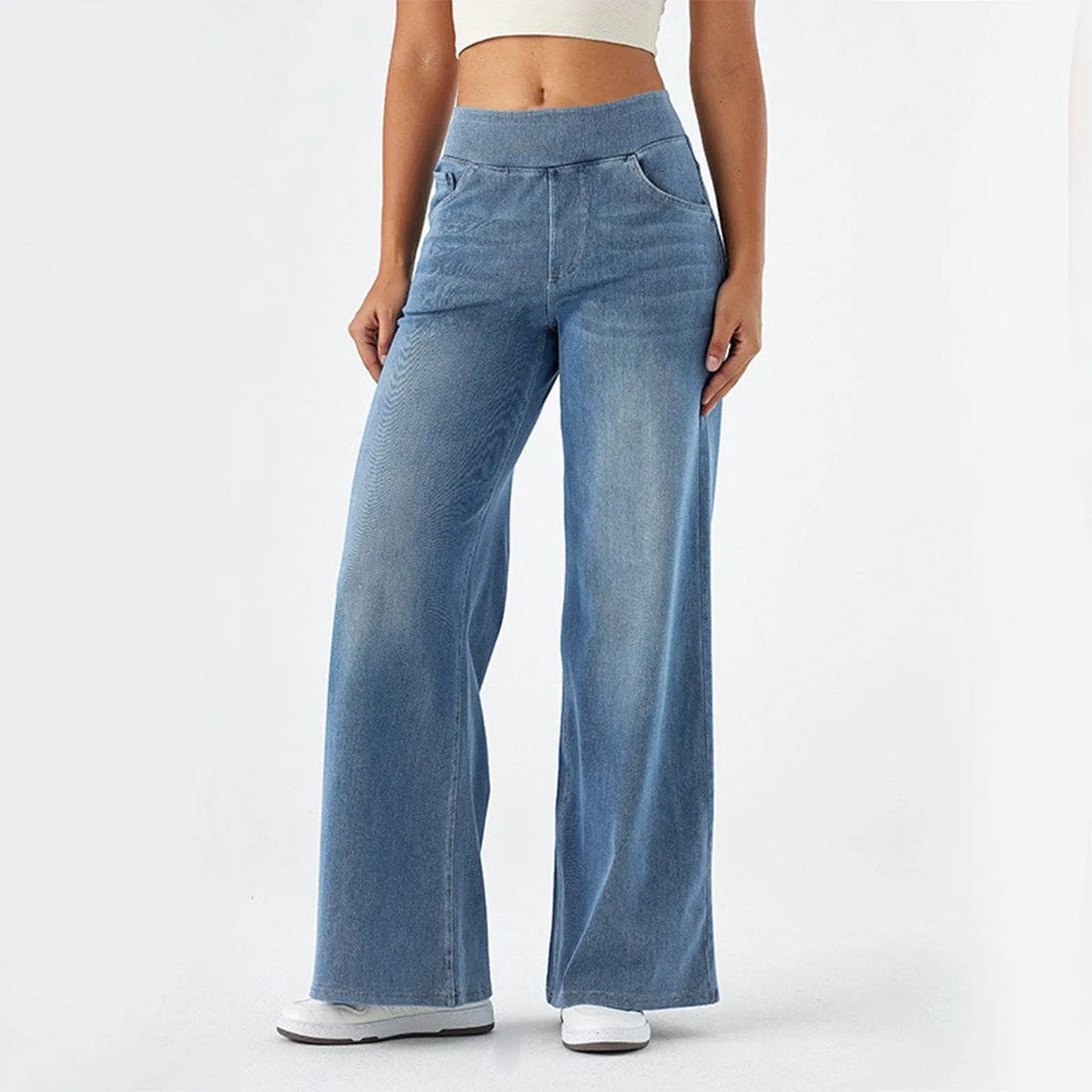 High Waisted Baggy Wide-Leg Knit Jeans