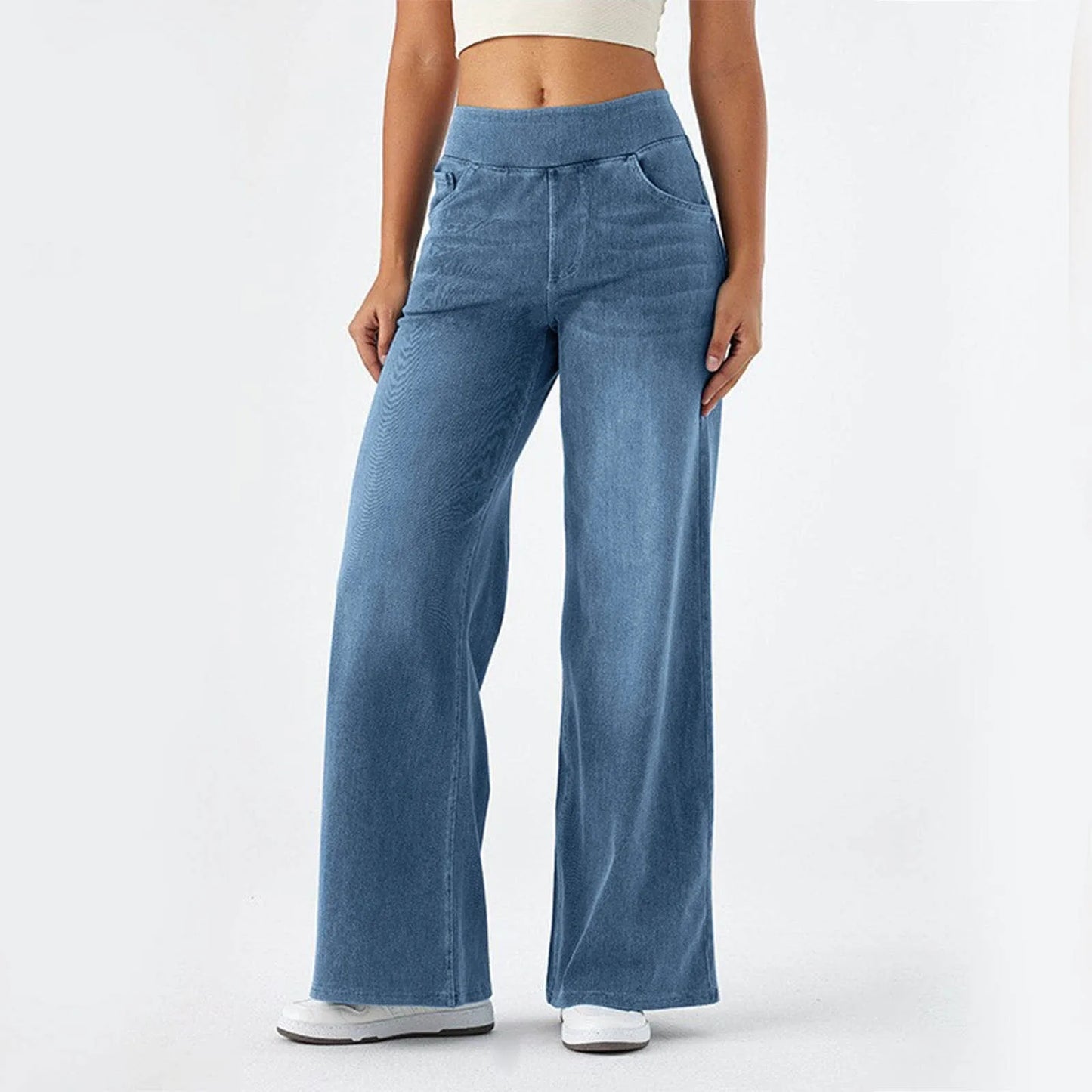 High Waisted Baggy Wide-Leg Knit Jeans
