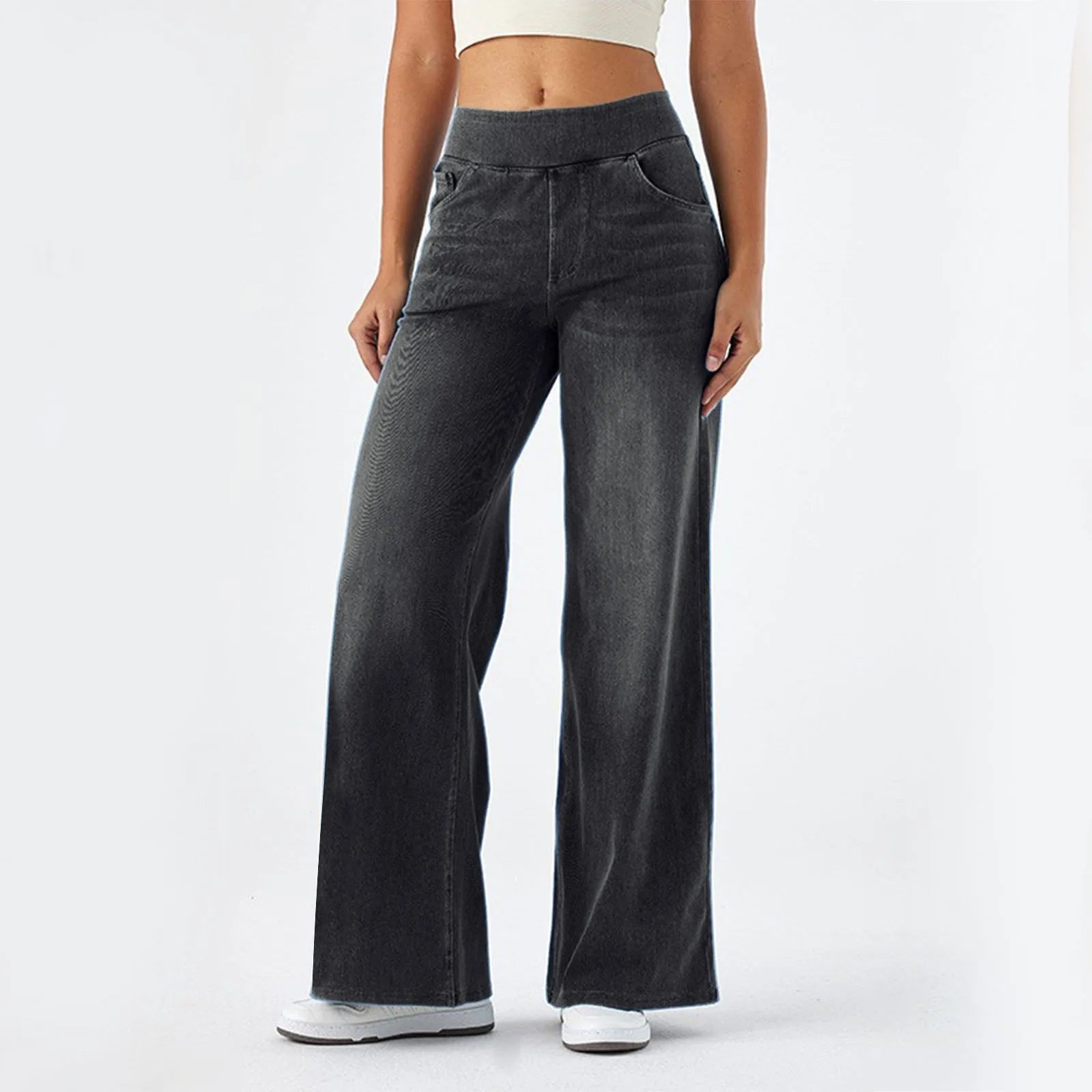 High Stretchy Pull-On Women Jeans High Waist Baggy Draped Bleached Casual Wide Leg Pants with Pockets Sport Gym Yoga Pants