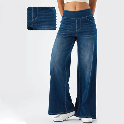 High Stretchy Pull-On Women Jeans High Waist Baggy Draped Bleached Casual Wide Leg Pants with Pockets Sport Gym Yoga Pants