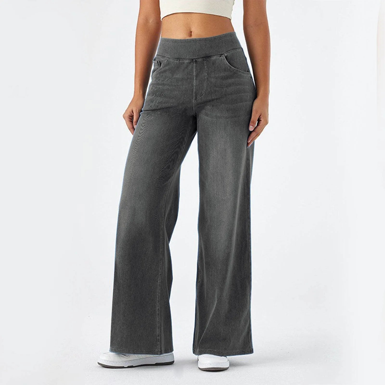 High Stretchy Pull-On Women Jeans High Waist Baggy Draped Bleached Casual Wide Leg Pants with Pockets Sport Gym Yoga Pants