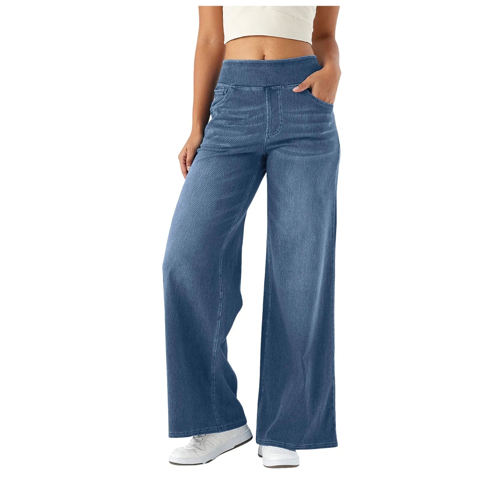 High Stretchy Pull-On Women Jeans High Waist Baggy Draped Bleached Casual Wide Leg Pants with Pockets Sport Gym Yoga Pants