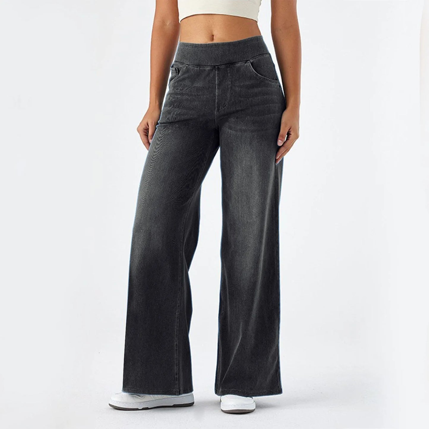 High Waisted Baggy Wide-Leg Knit Jeans