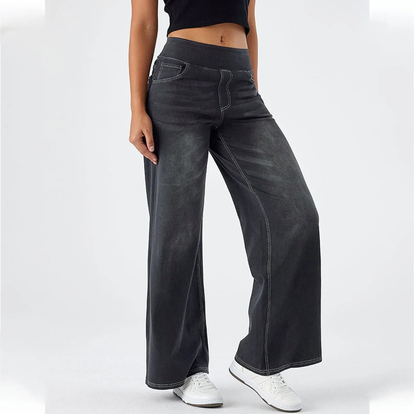 High Waisted Baggy Wide-Leg Knit Jeans