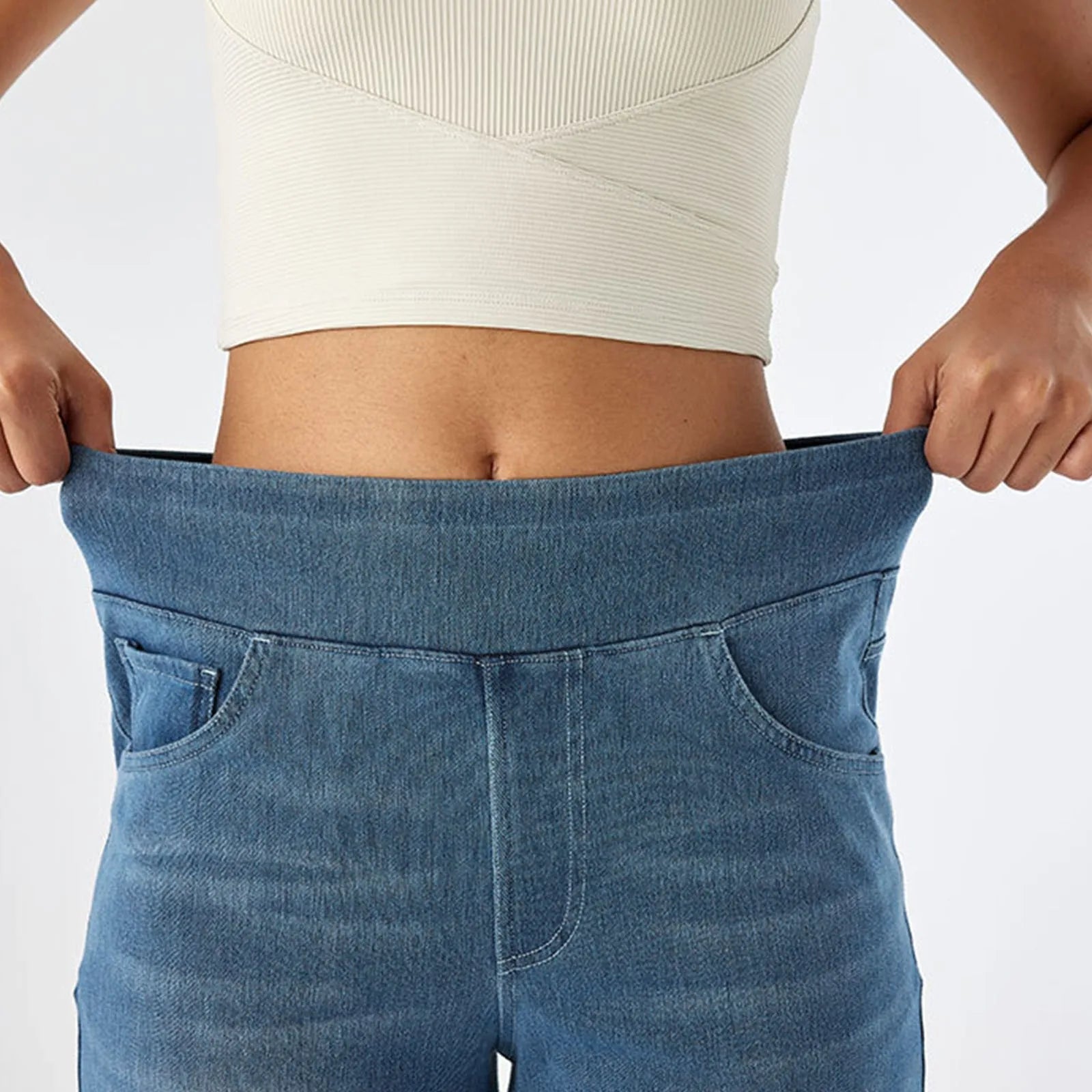 High Stretchy Pull-On Women Jeans High Waist Baggy Draped Bleached Casual Wide Leg Pants with Pockets Sport Gym Yoga Pants